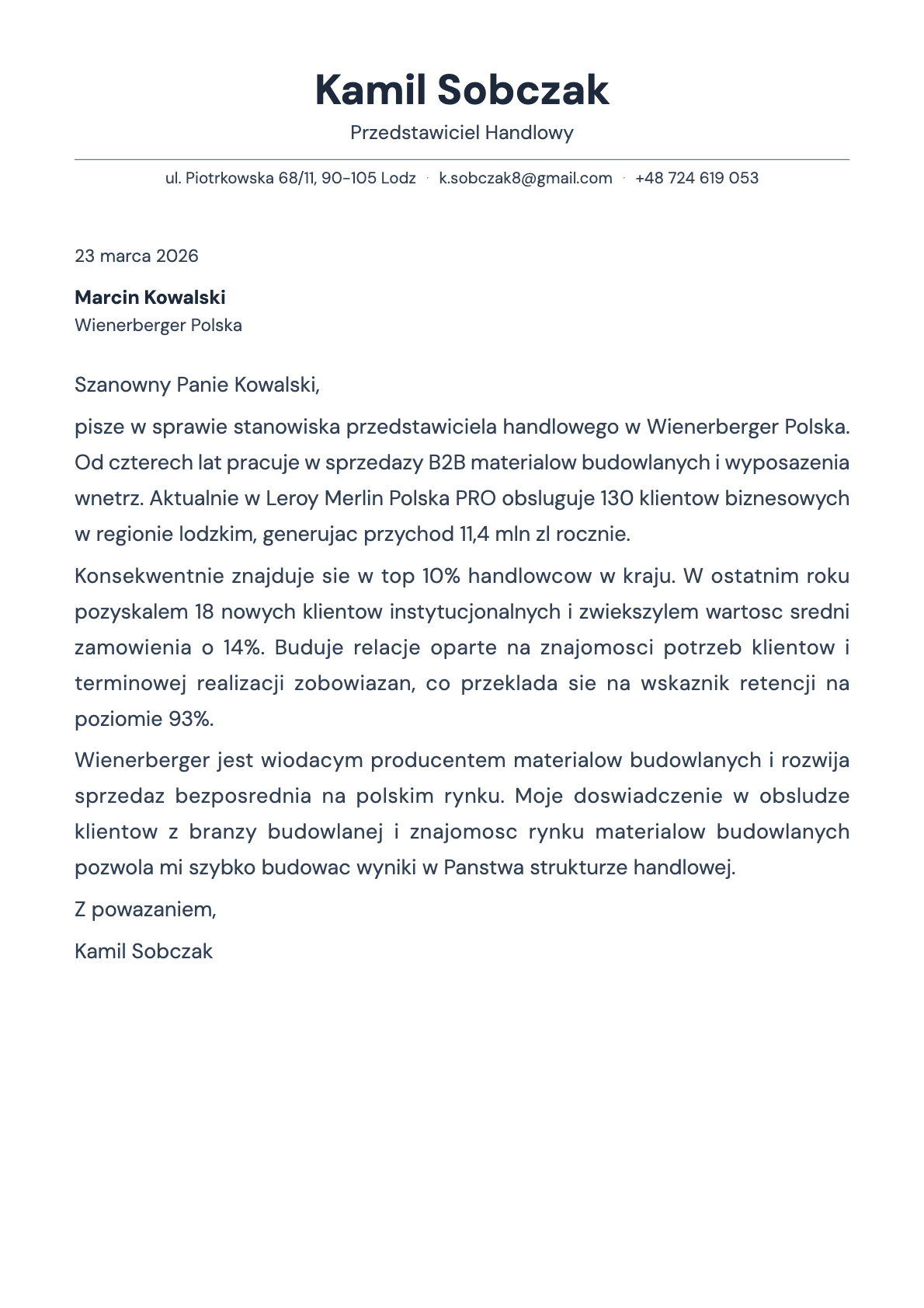 Przedstawiciel Handlowy cover letter example