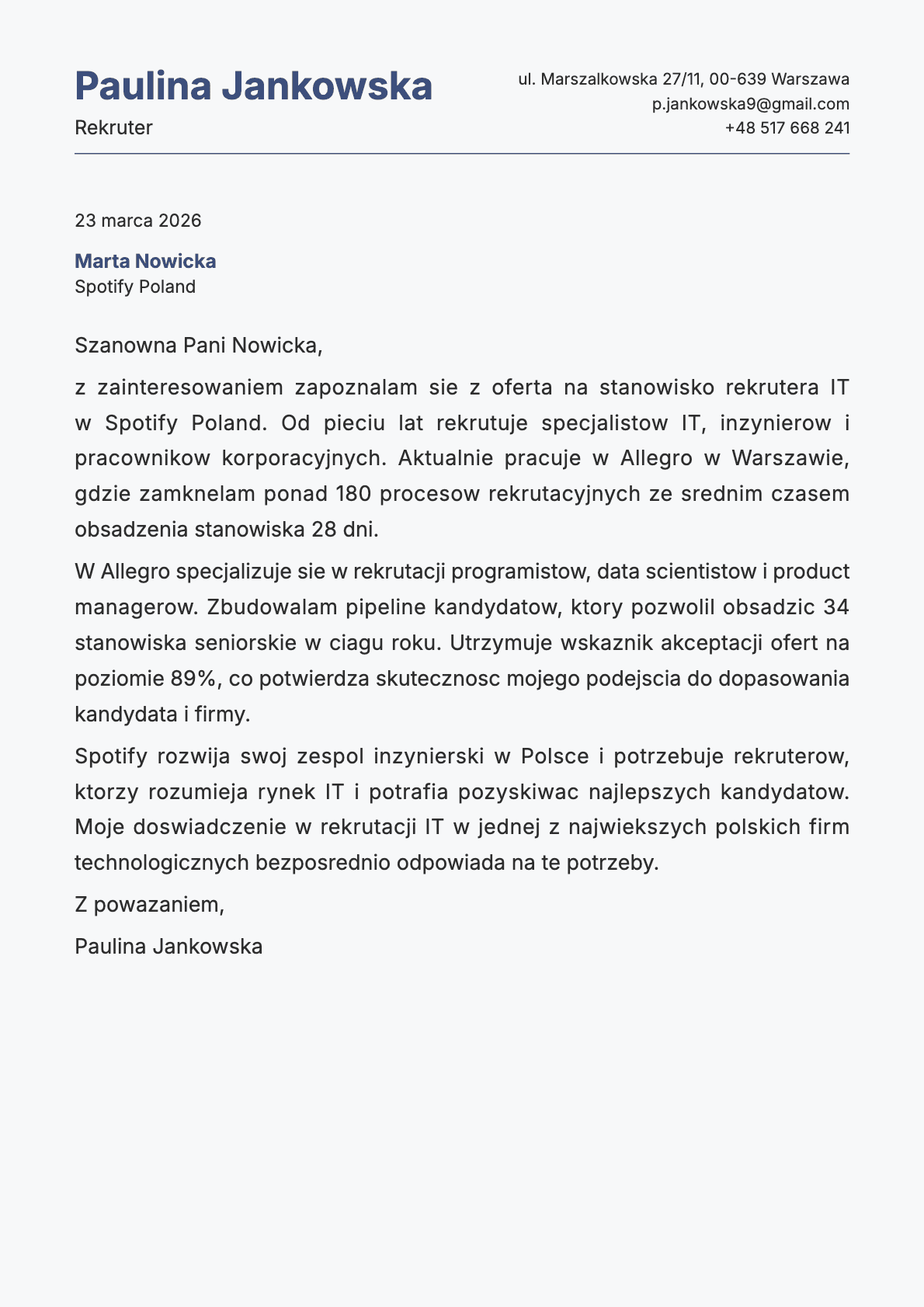 Rekruter cover letter example