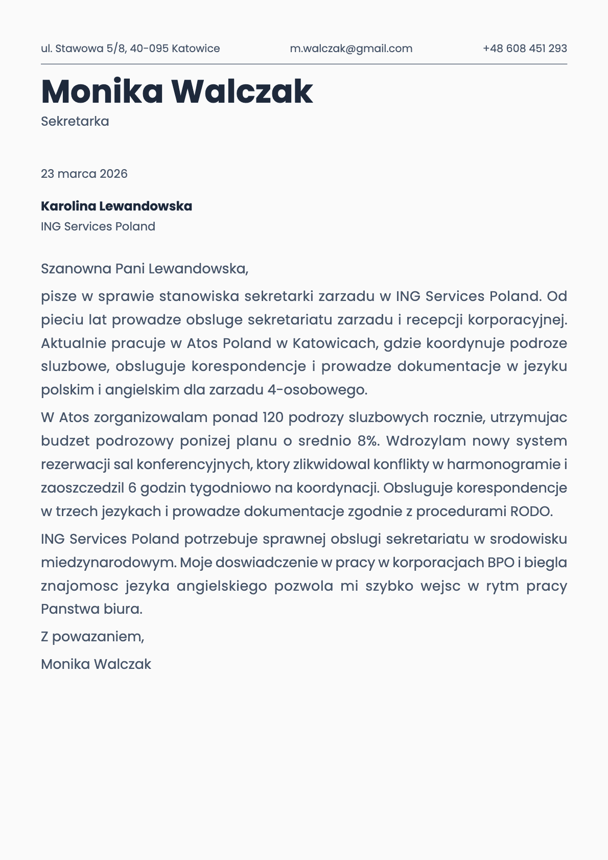 Sekretarka cover letter example