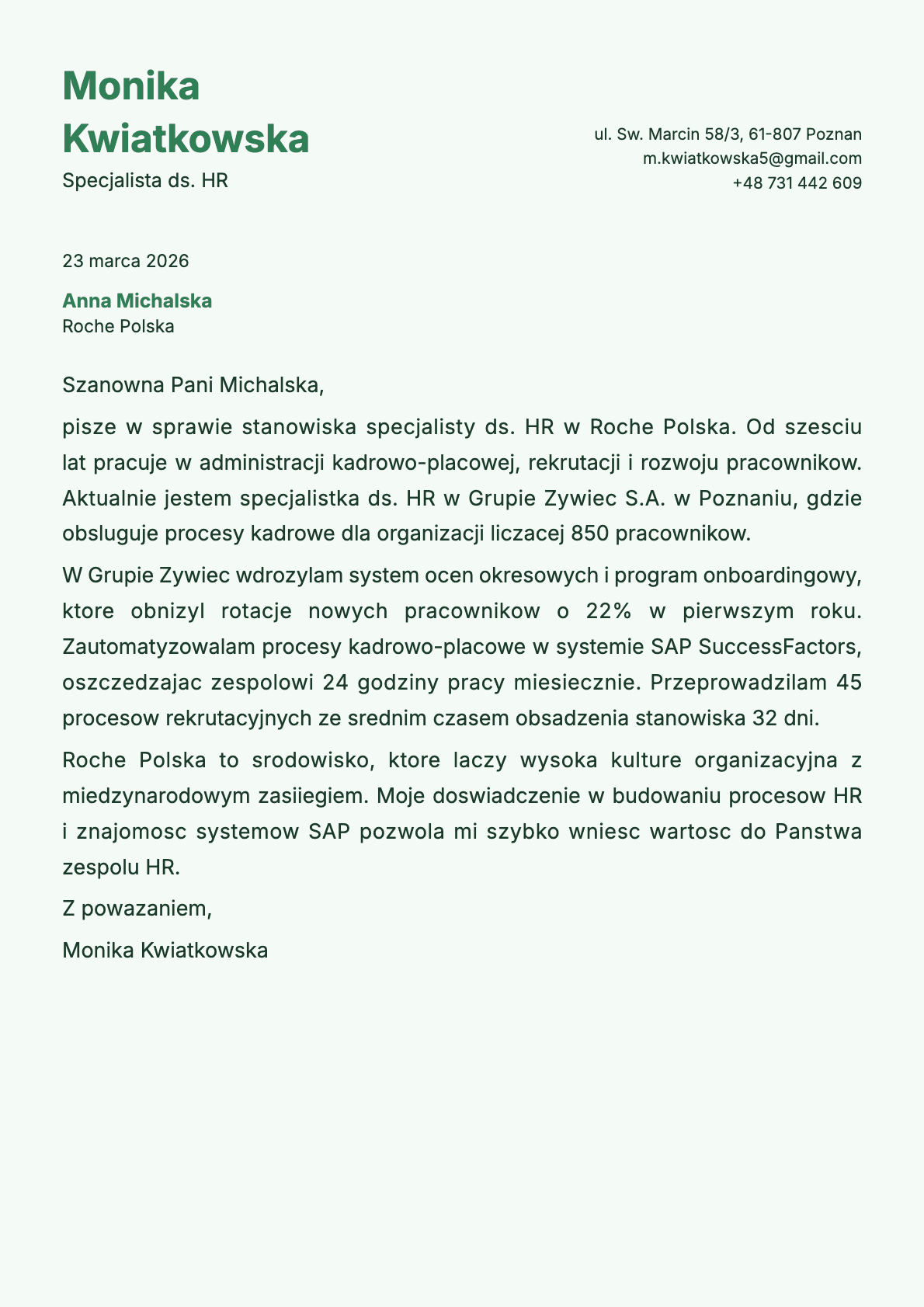 Specjalista ds. HR cover letter example