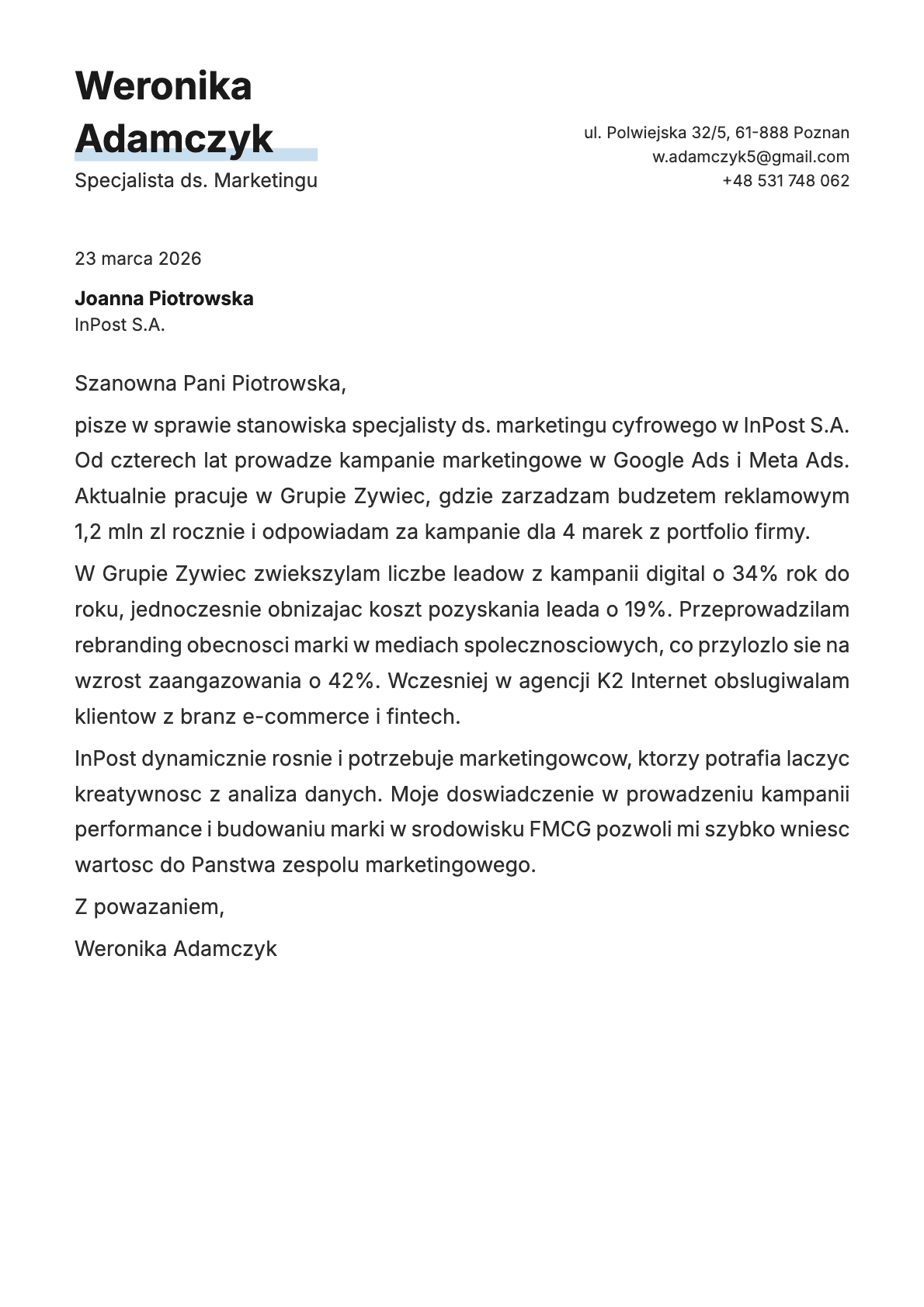 Specjalista ds. Marketingu cover letter example