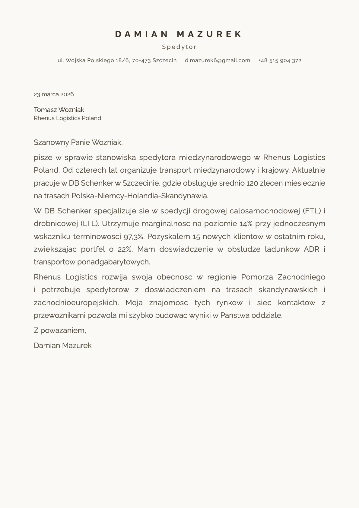 Spedytor cover letter example