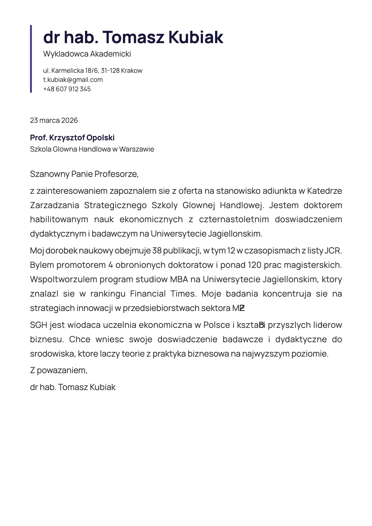 Wykladowca Akademicki cover letter example