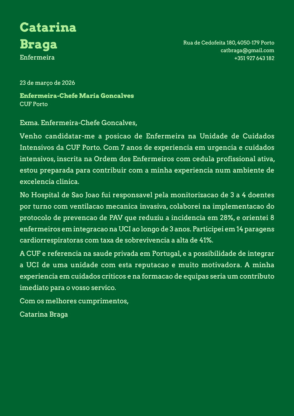 Enfermeiro cover letter example