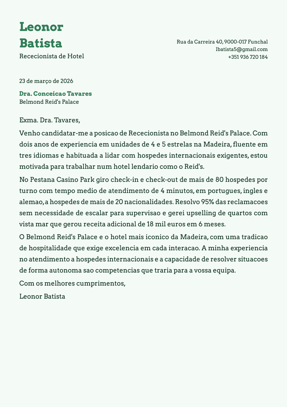 Rececionista de Hotel cover letter example