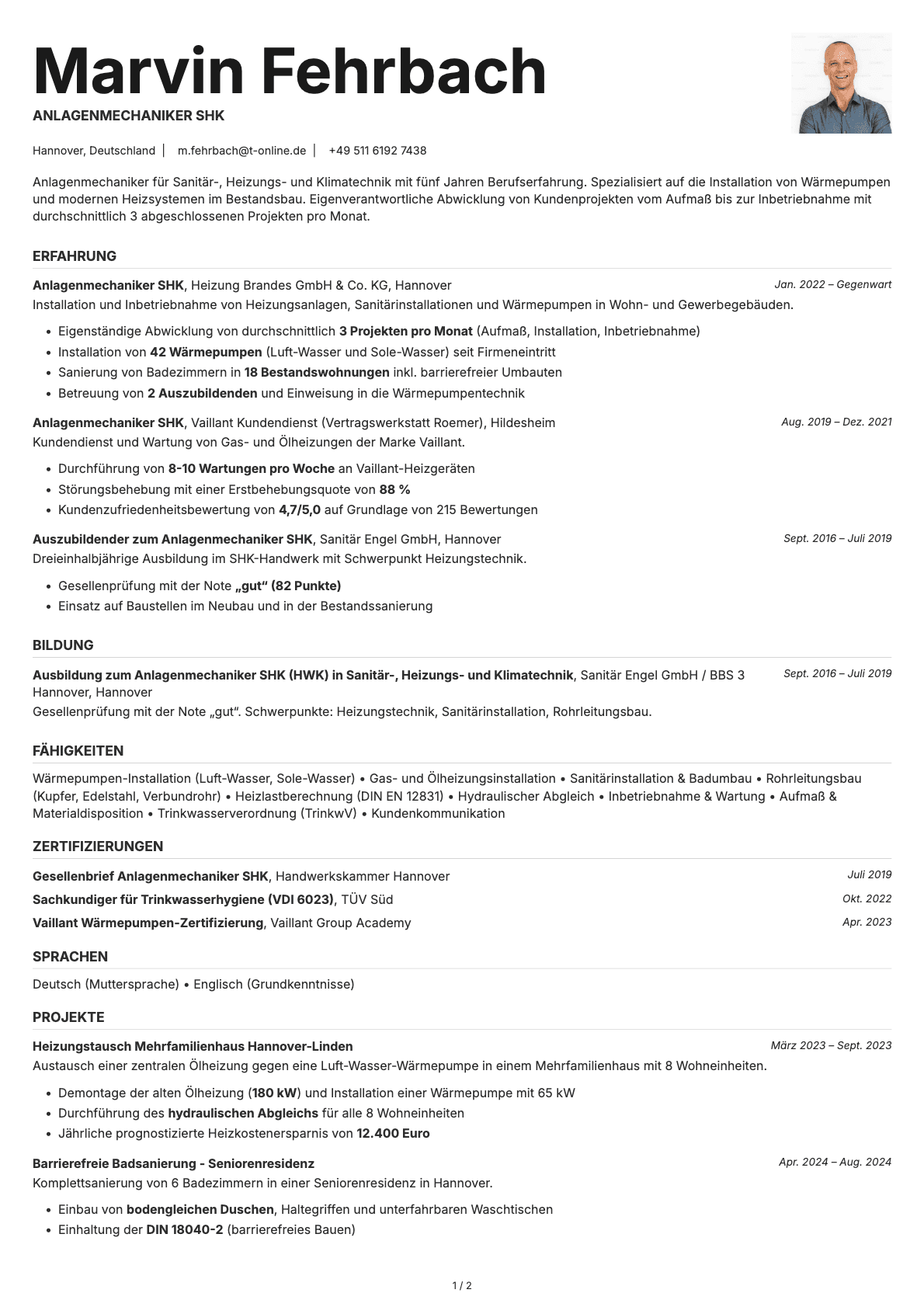 Anlagenmechaniker SHK resume example