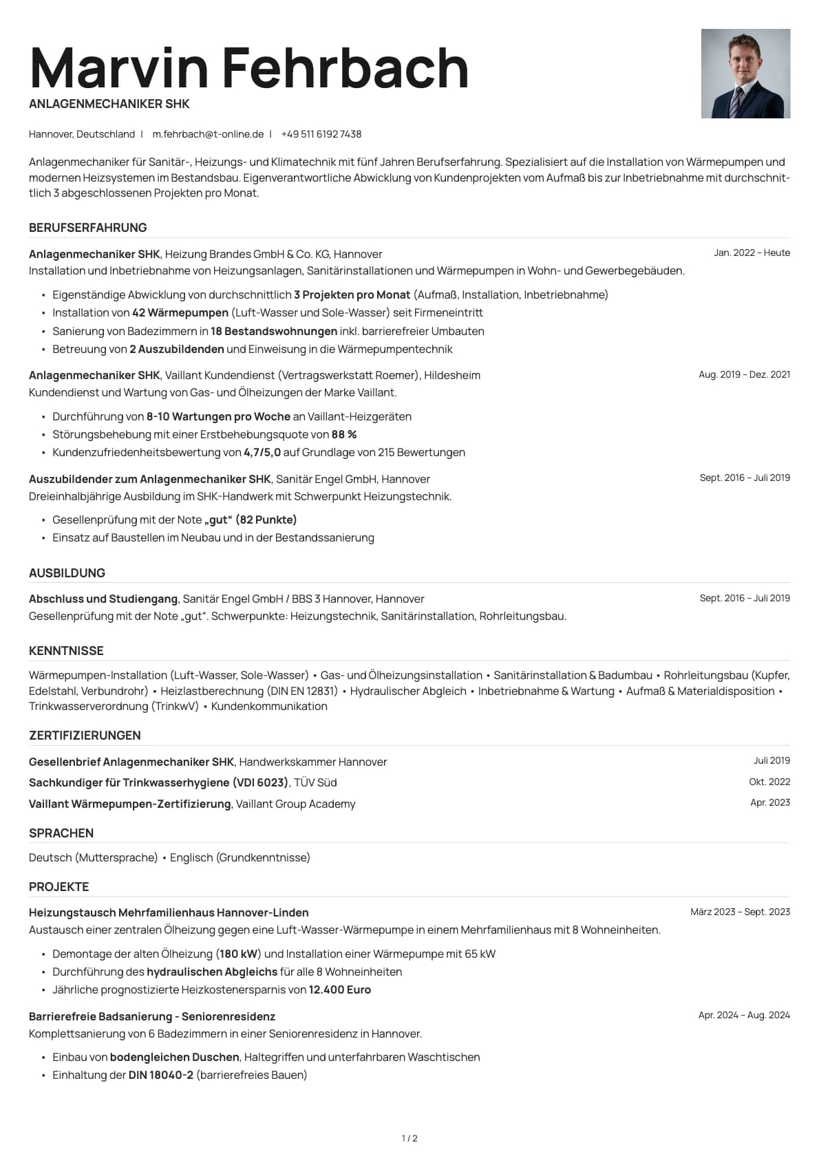 Anlagenmechaniker SHK resume example