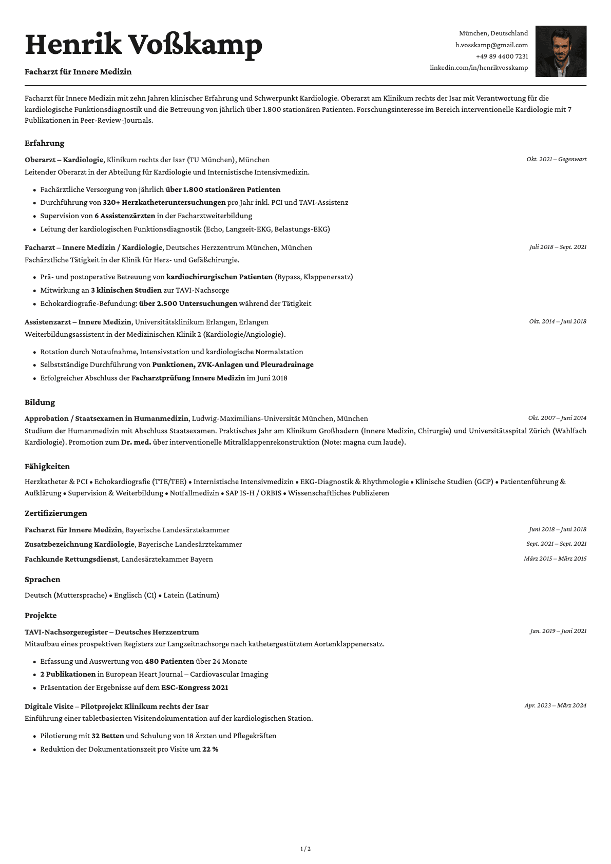 Arzt / Facharzt resume example