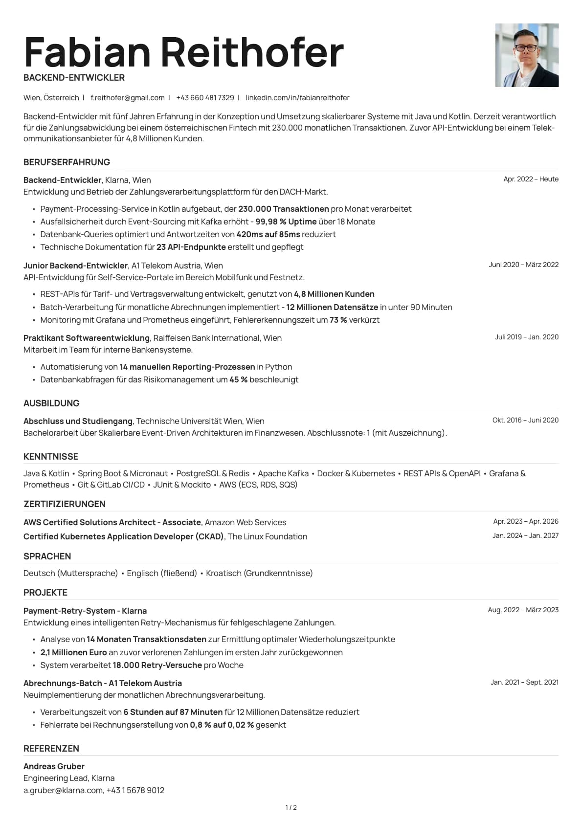 Backend-Entwickler resume example