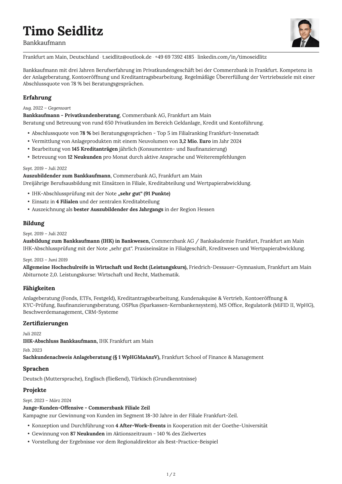 Bankkaufmann resume example