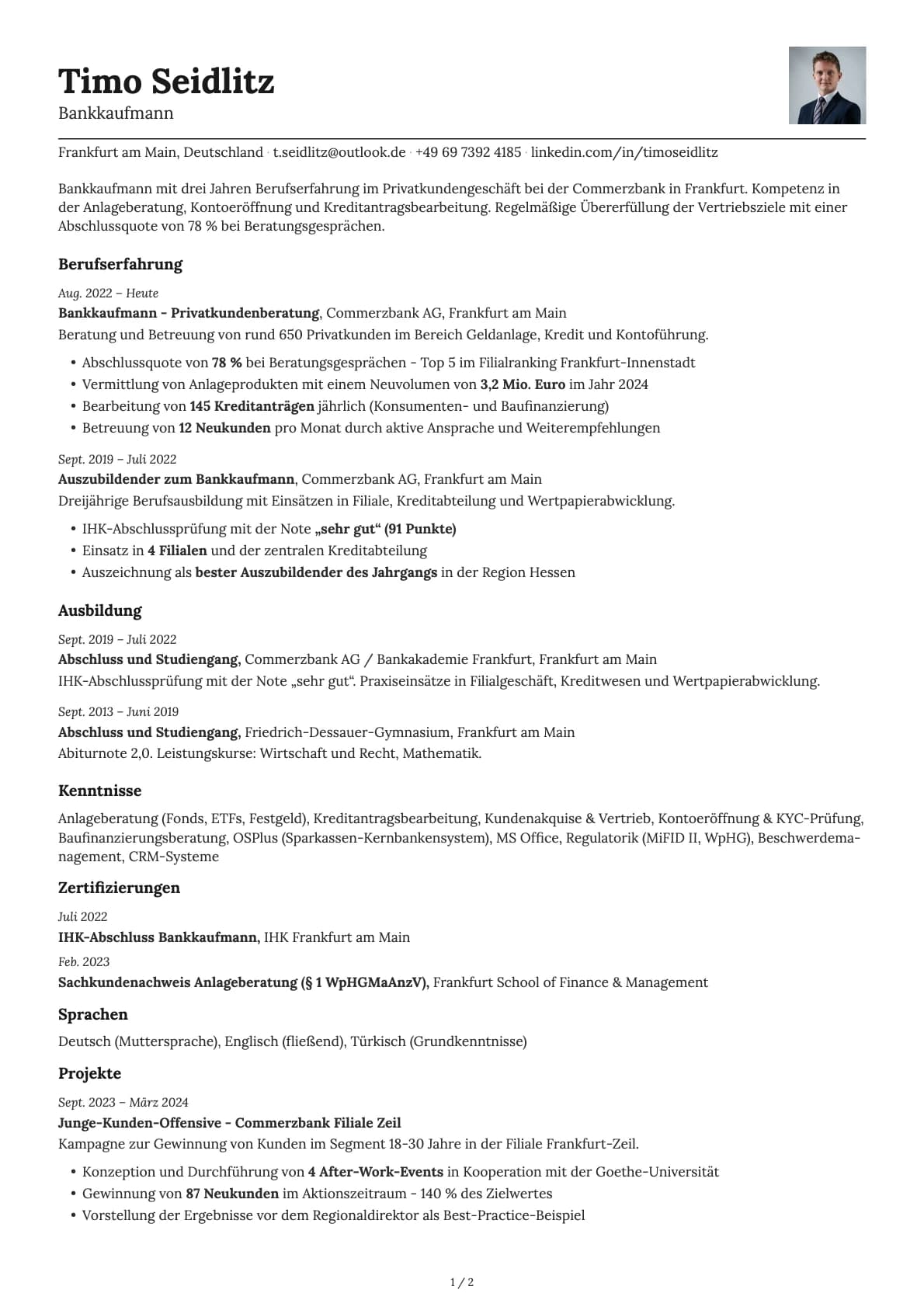 Bankkaufmann resume example