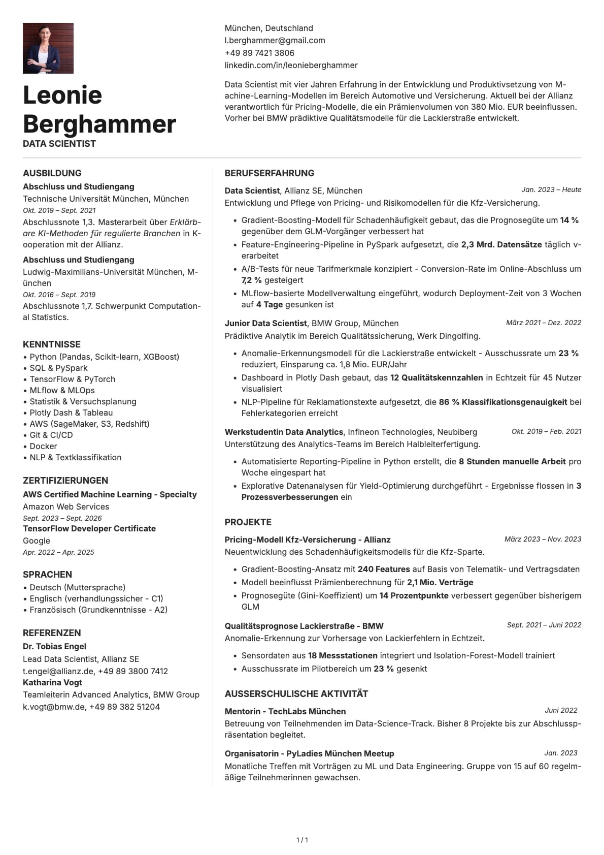 Data Scientist (Datenwissenschaftler) resume example