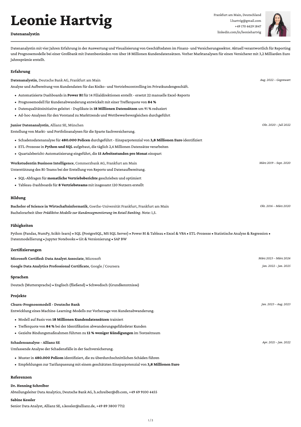 Datenanalyst resume example