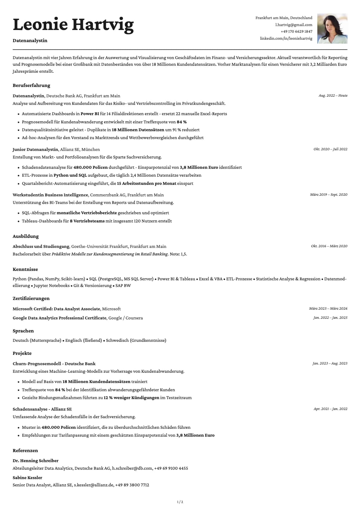 Datenanalyst resume example
