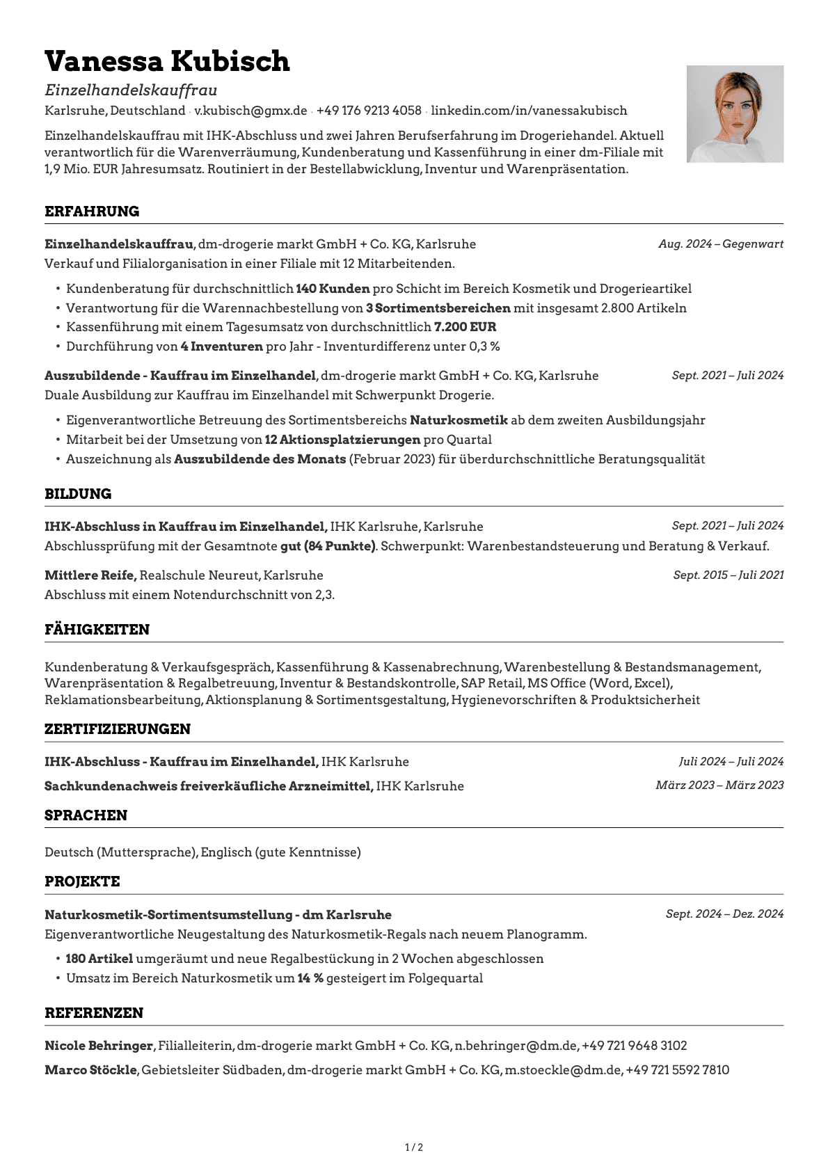 Einzelhandelskaufmann resume example