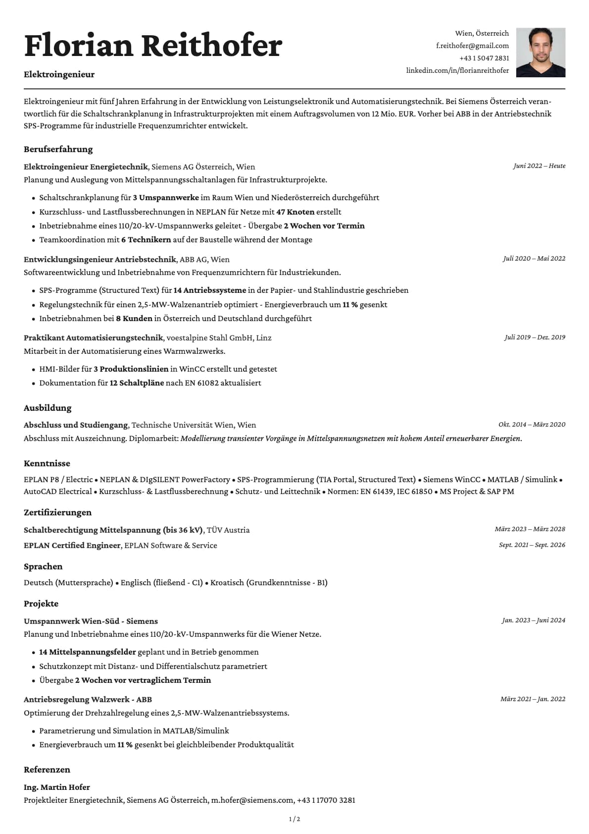 Elektroingenieur resume example