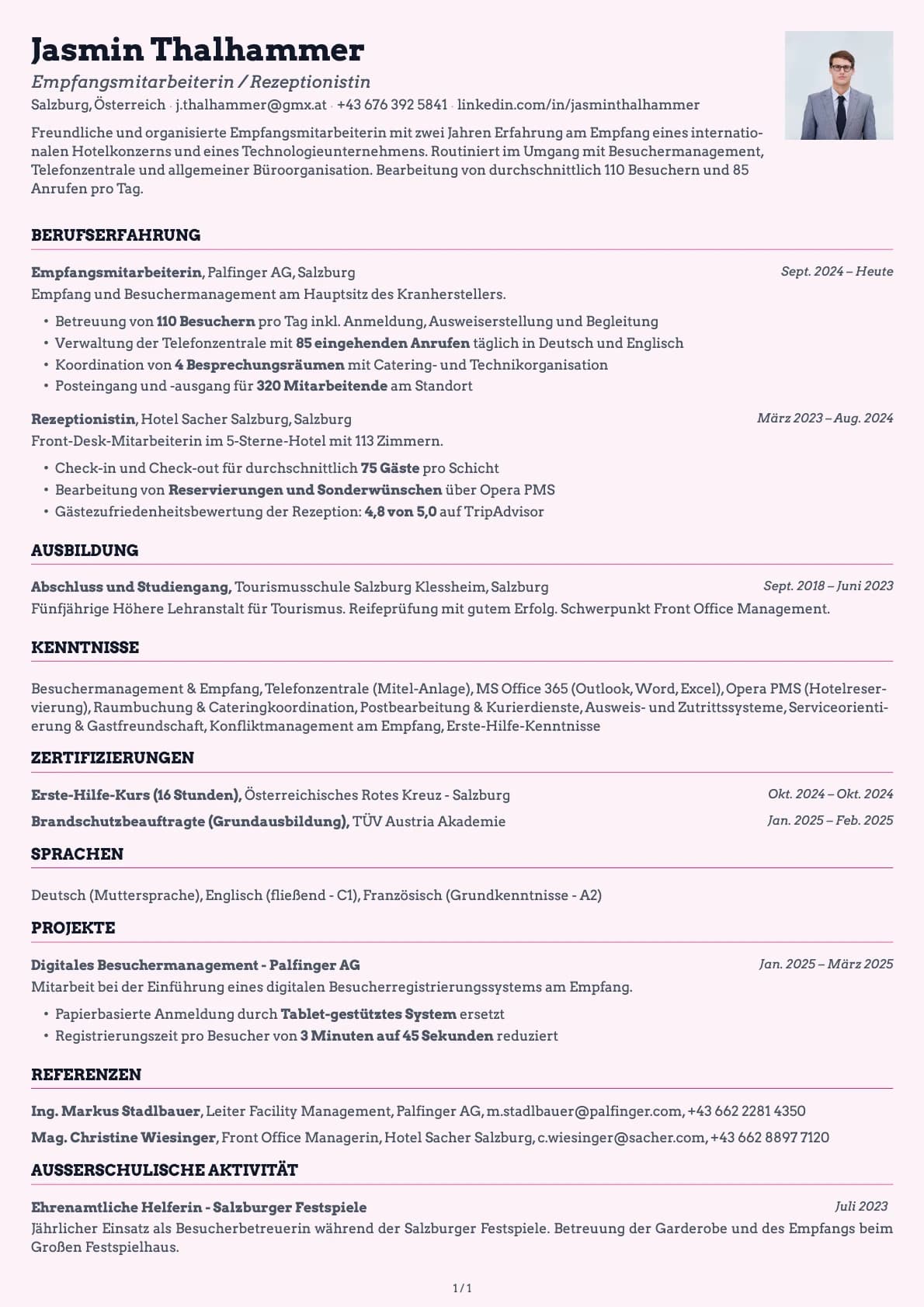 Empfangsmitarbeiter / Rezeptionist resume example