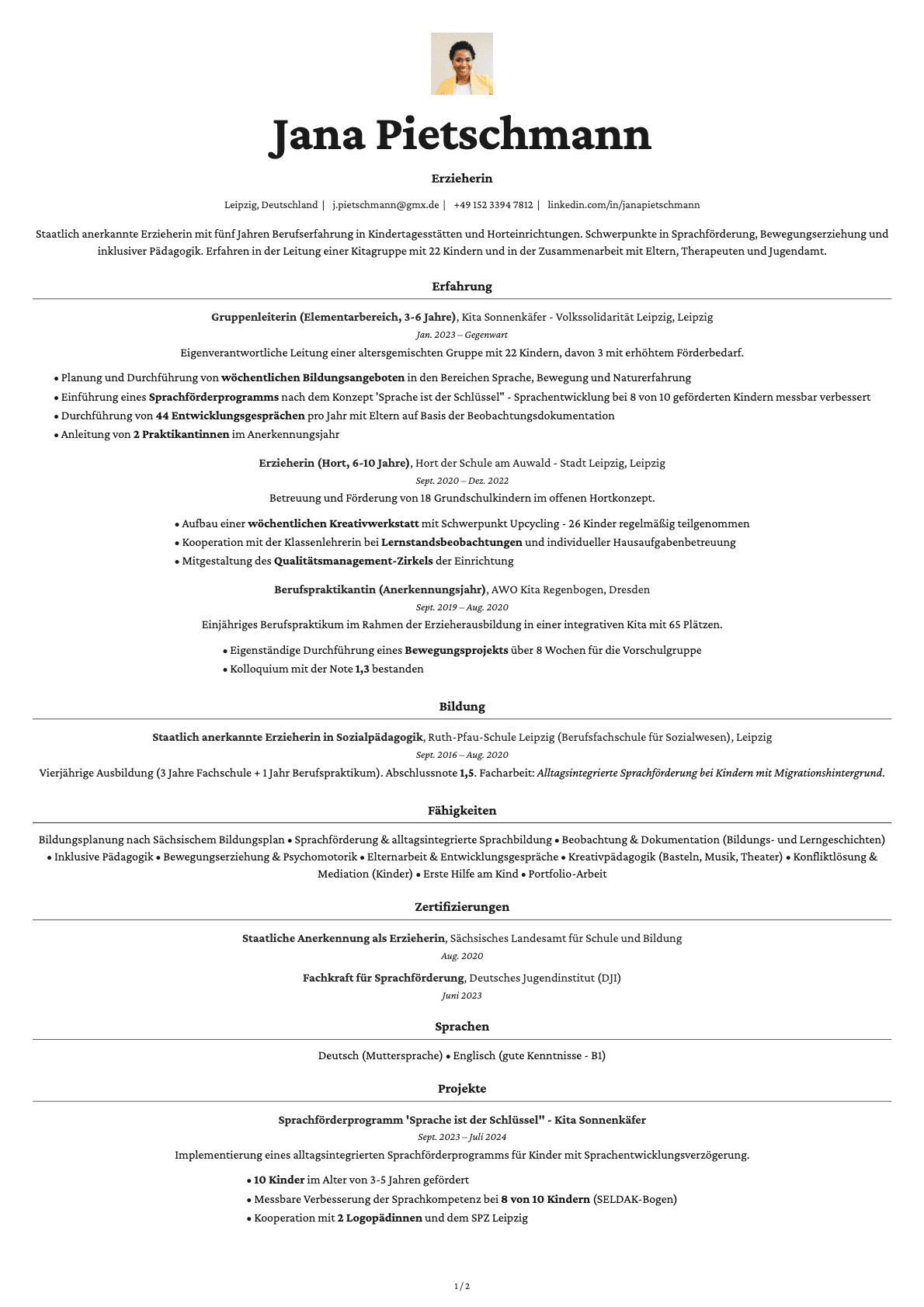 Erzieher resume example