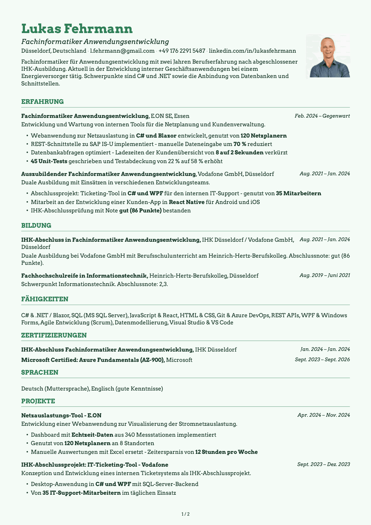 Fachinformatiker Anwendungsentwicklung resume example