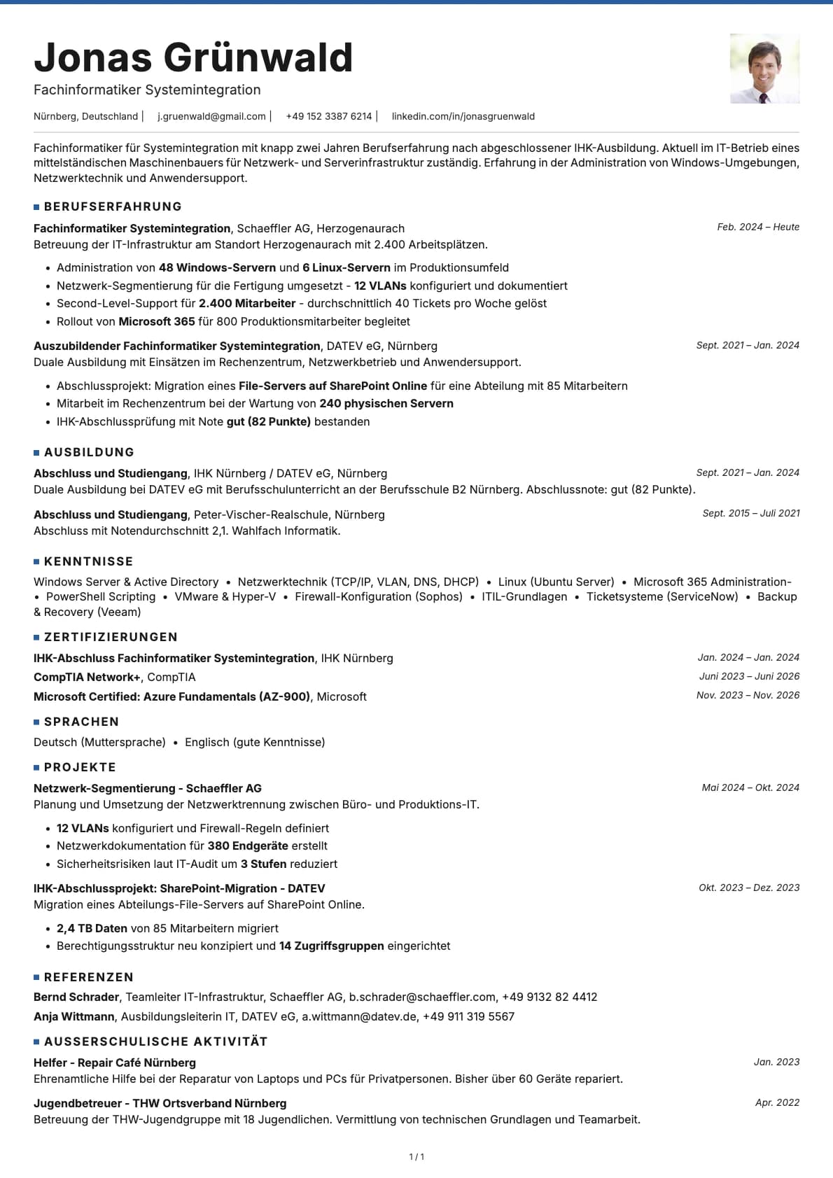 Fachinformatiker Systemintegration resume example