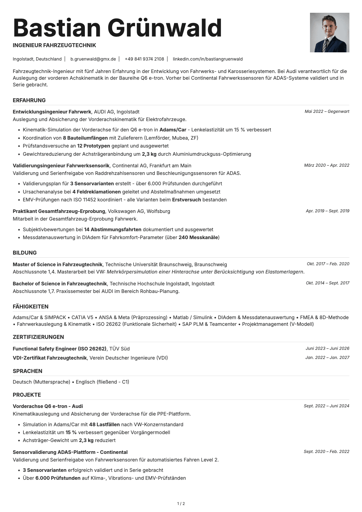 Ingenieur Fahrzeugtechnik resume example
