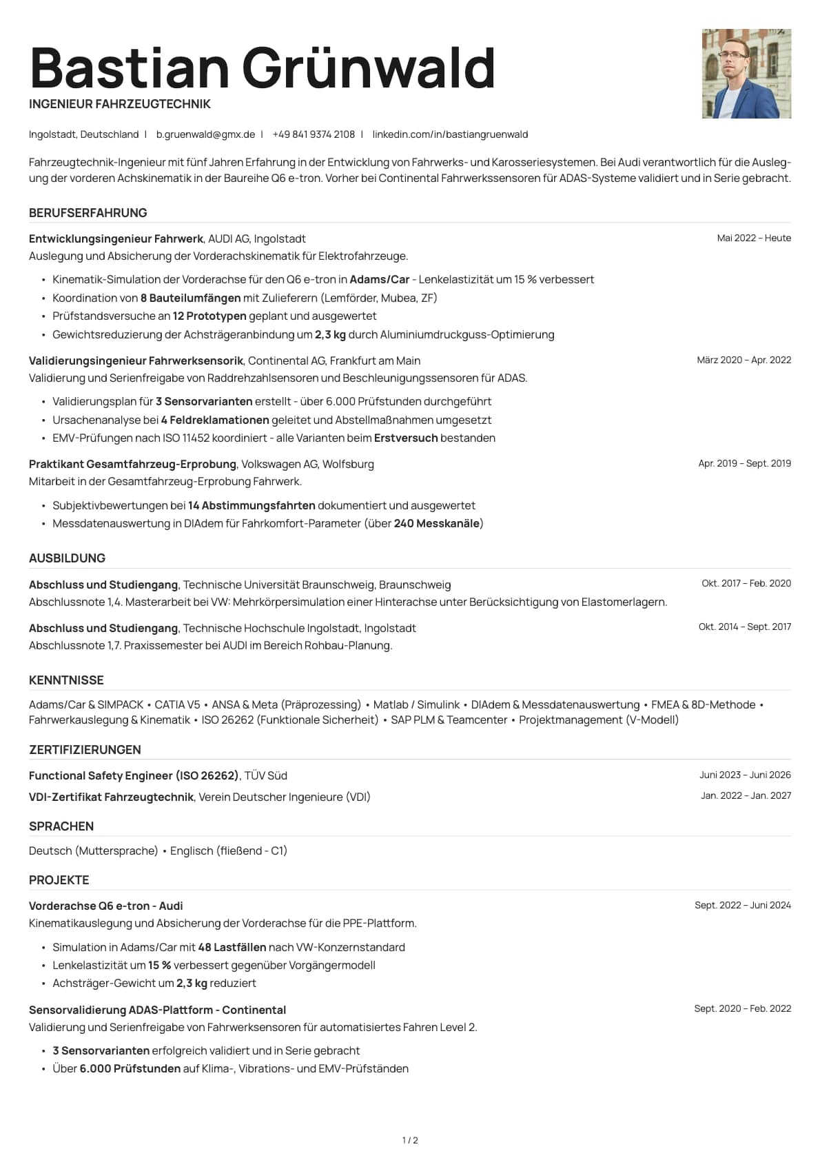 Ingenieur Fahrzeugtechnik resume example