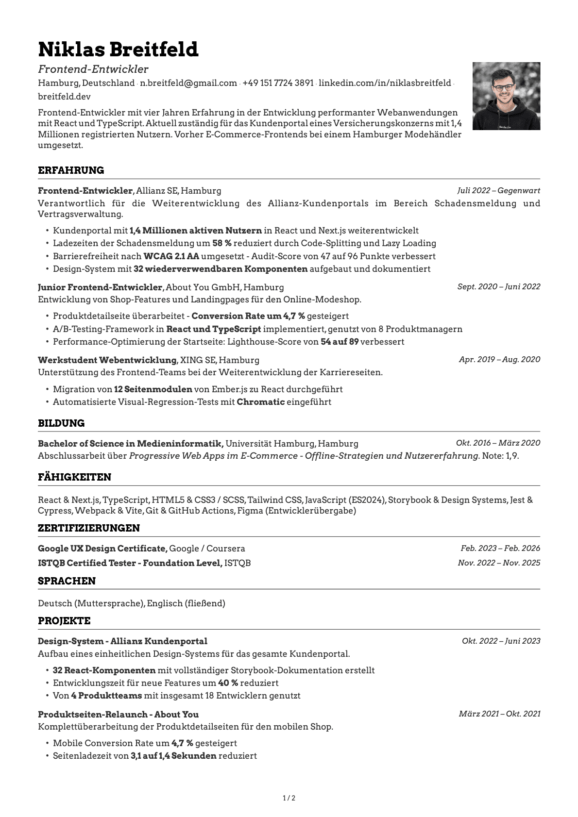 Frontend-Entwickler resume example