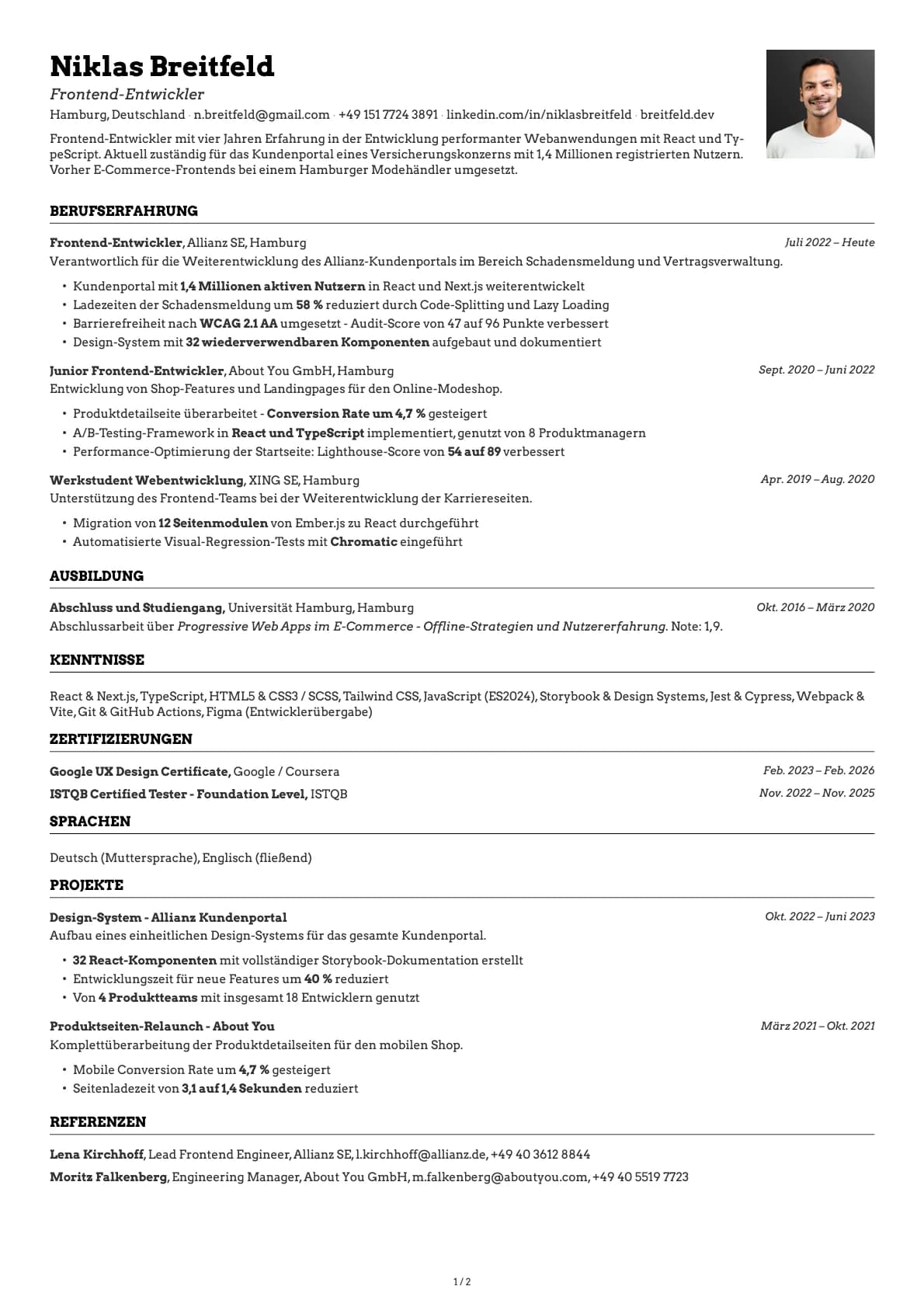 Frontend-Entwickler resume example