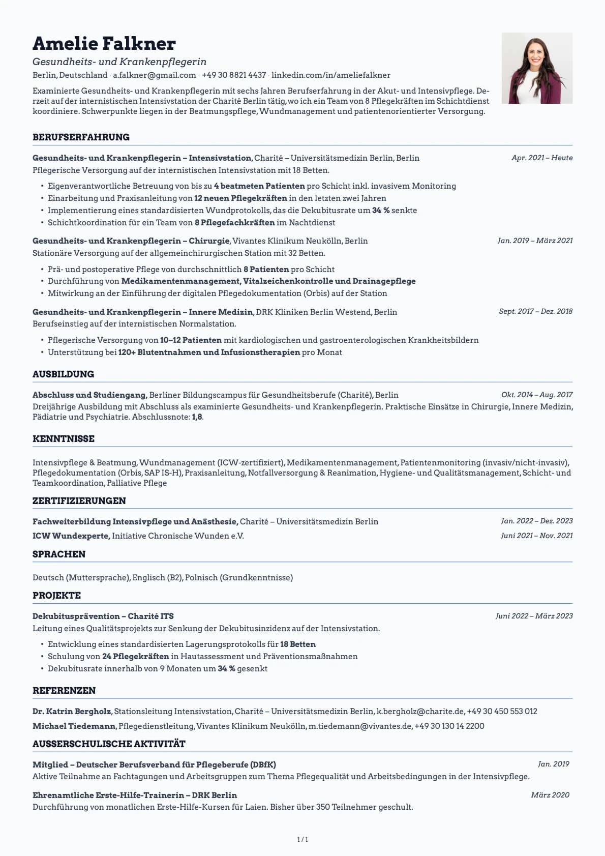 Gesundheits- und Krankenpfleger resume example