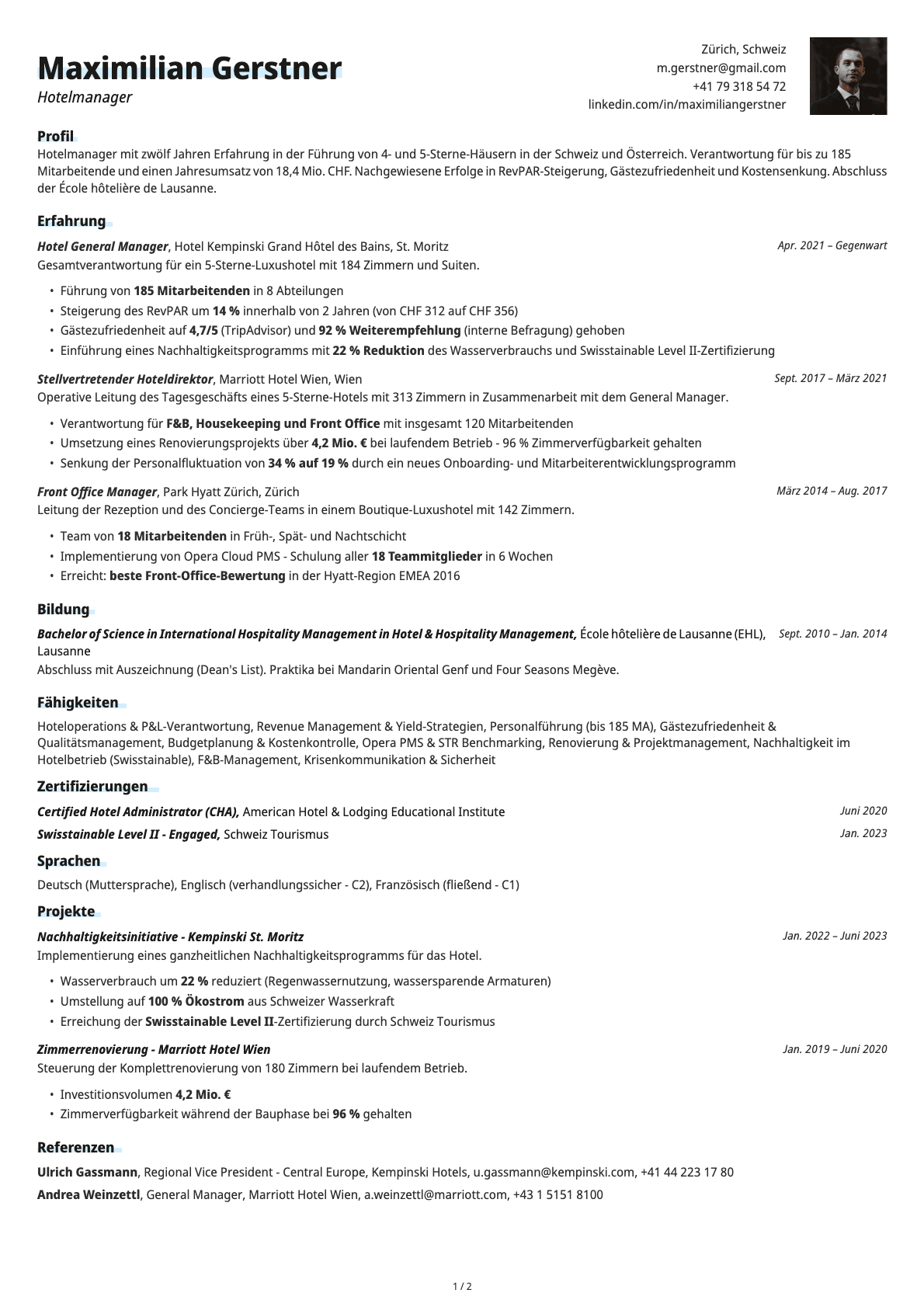 Hotelmanager / Hotelleiter resume example