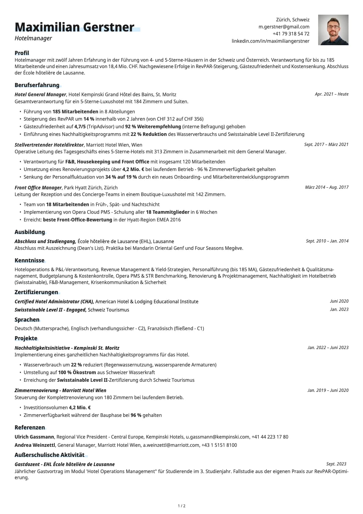 Hotelmanager / Hotelleiter resume example