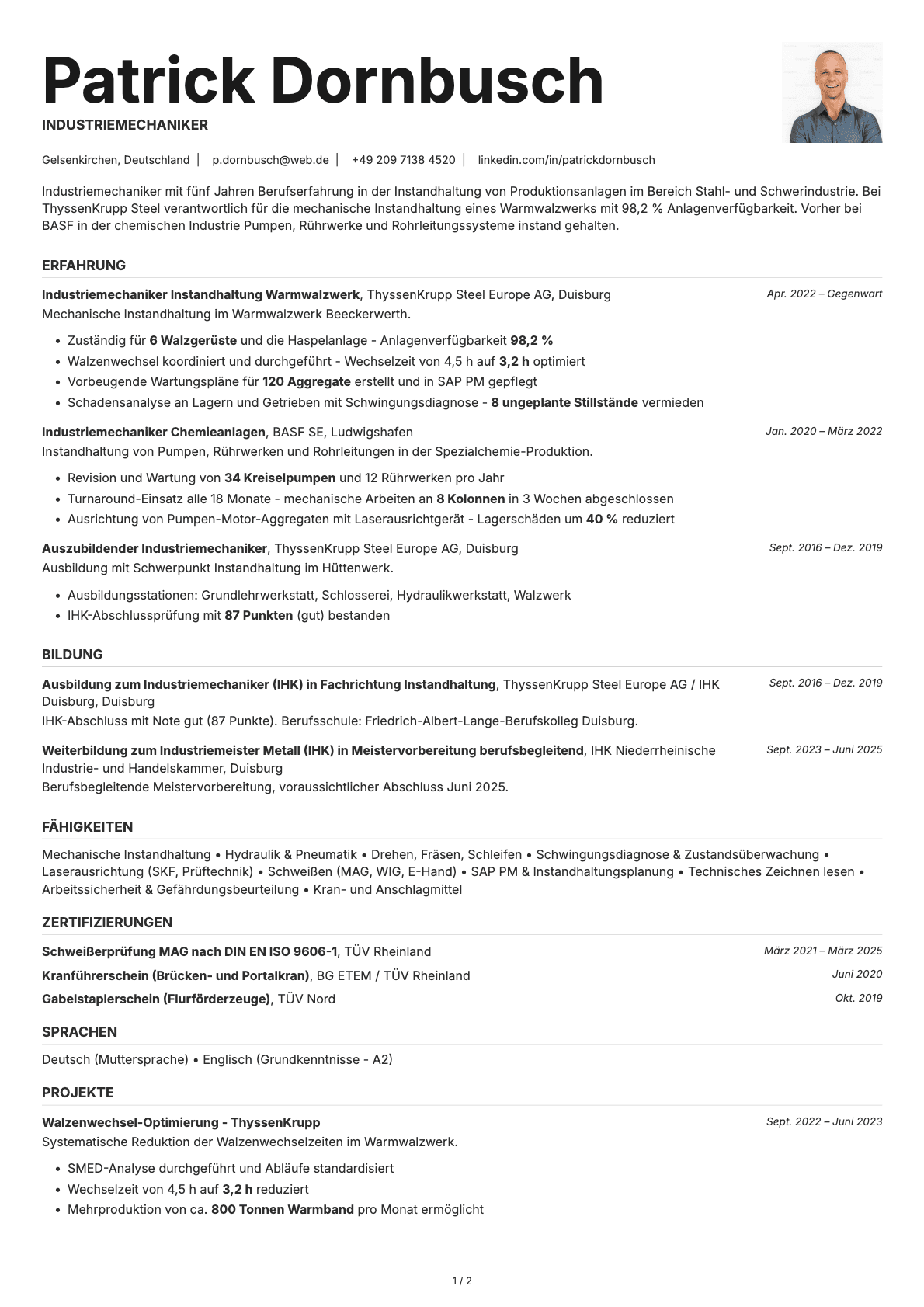 Industriemechaniker resume example