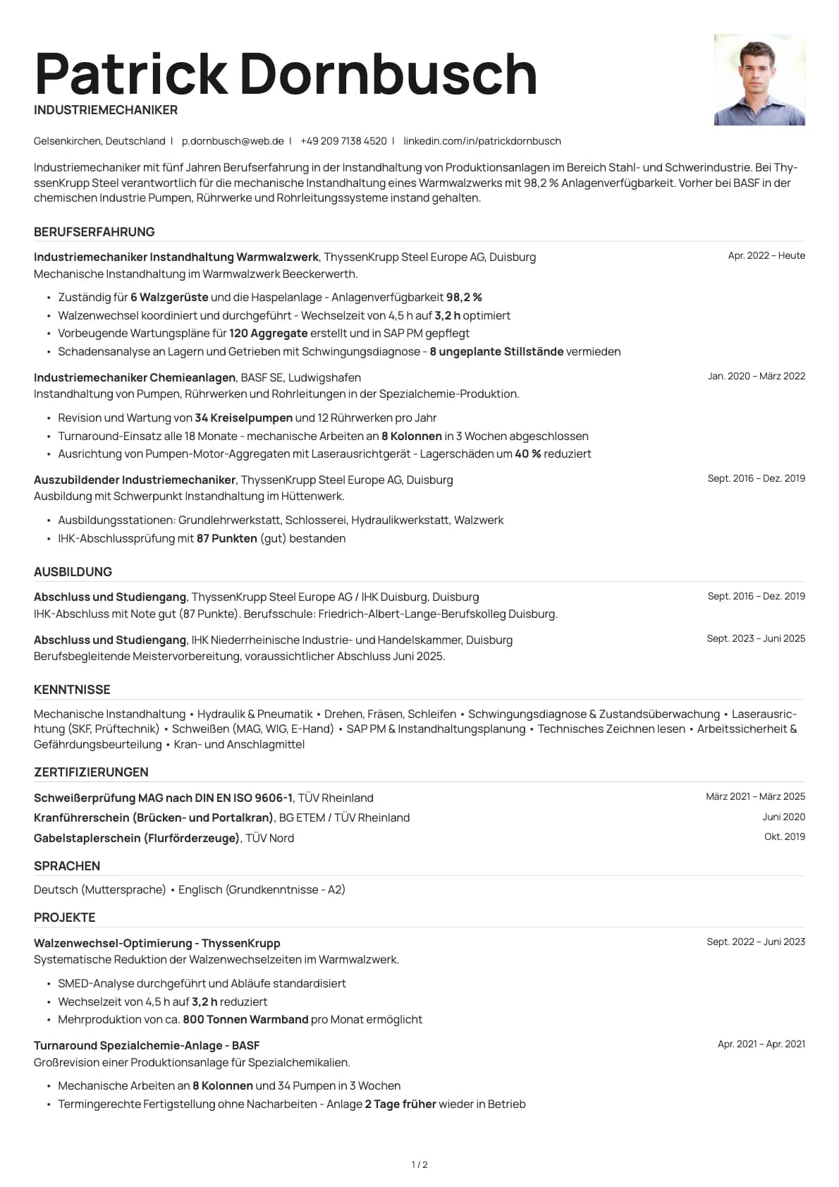 Industriemechaniker resume example