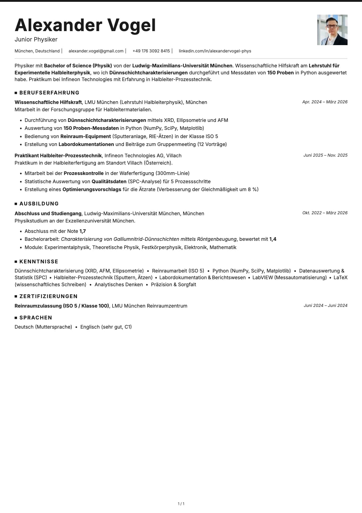 Junior Physiker resume example