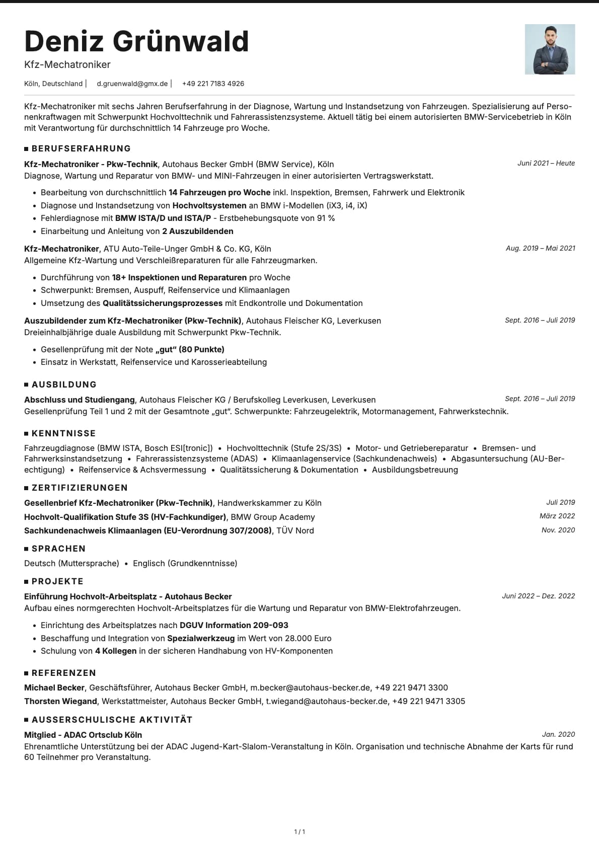 Kfz-Mechatroniker resume example