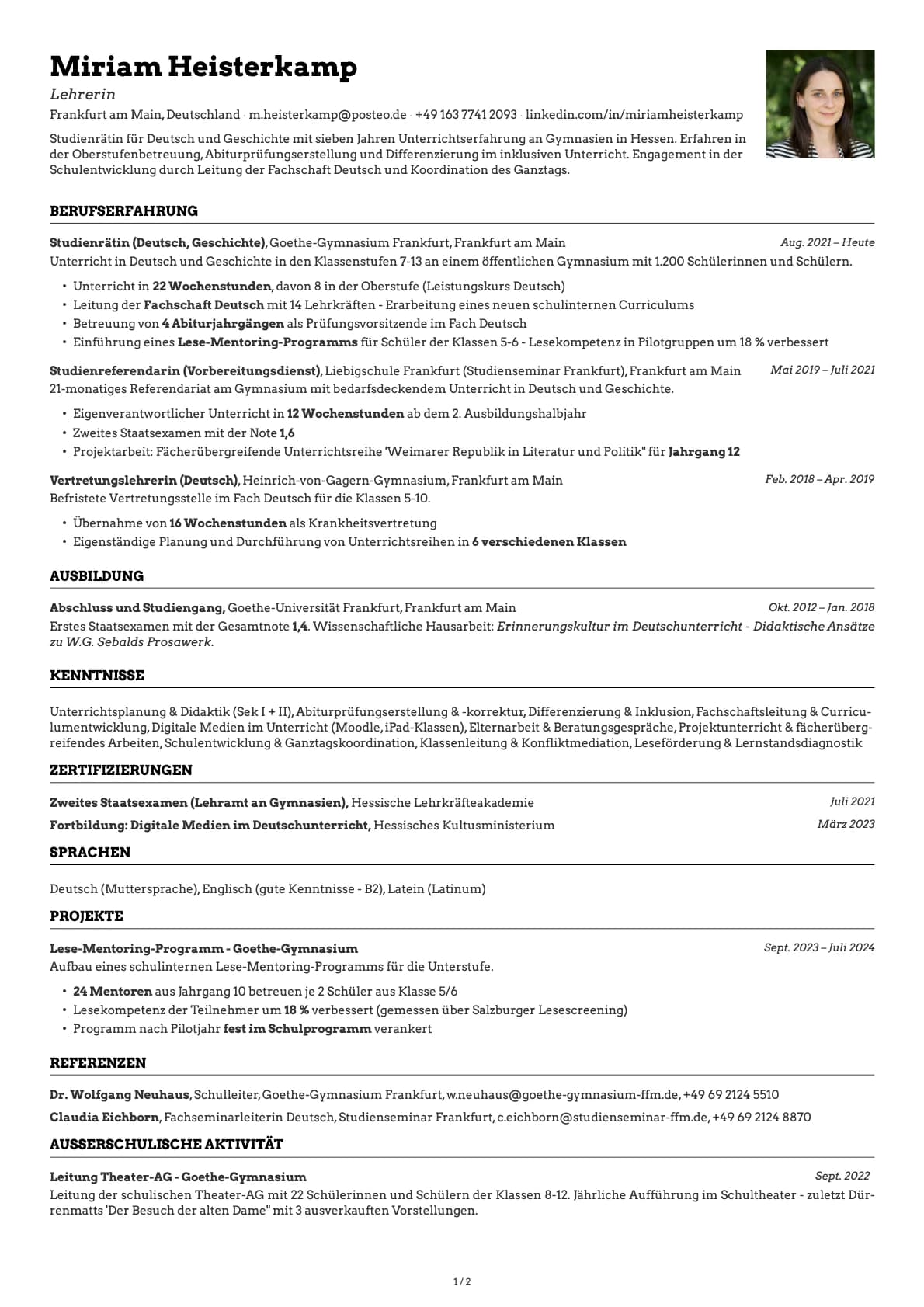 Lehrer resume example