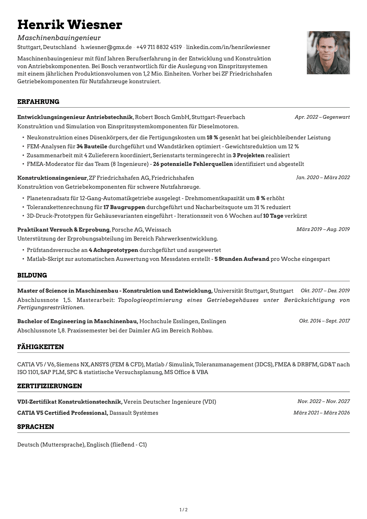 Maschinenbauingenieur resume example