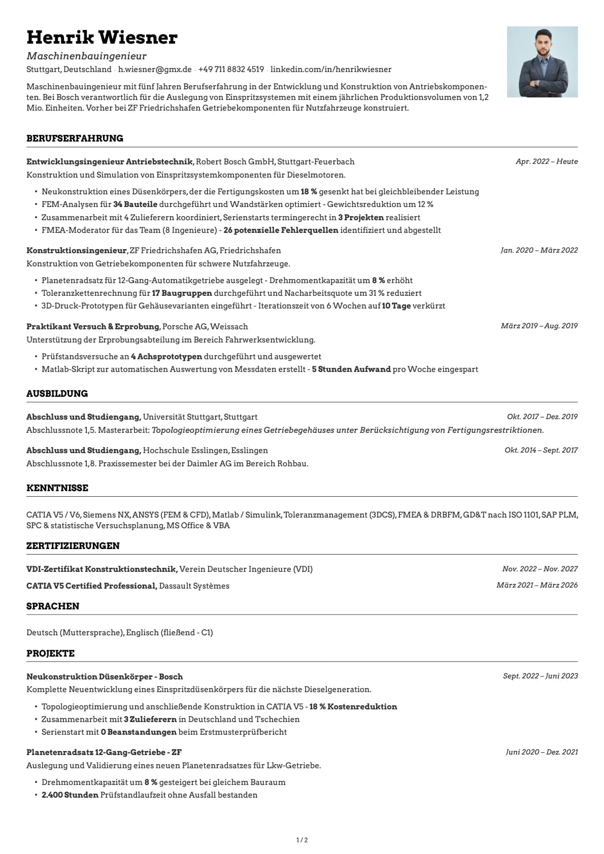Maschinenbauingenieur resume example