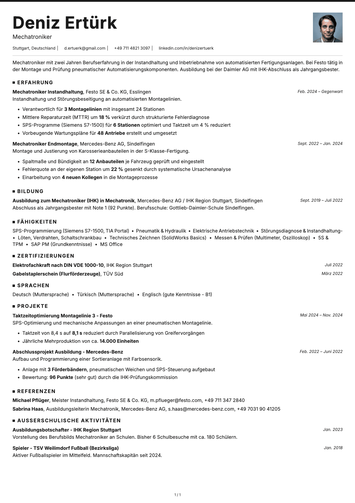 Mechatroniker resume example