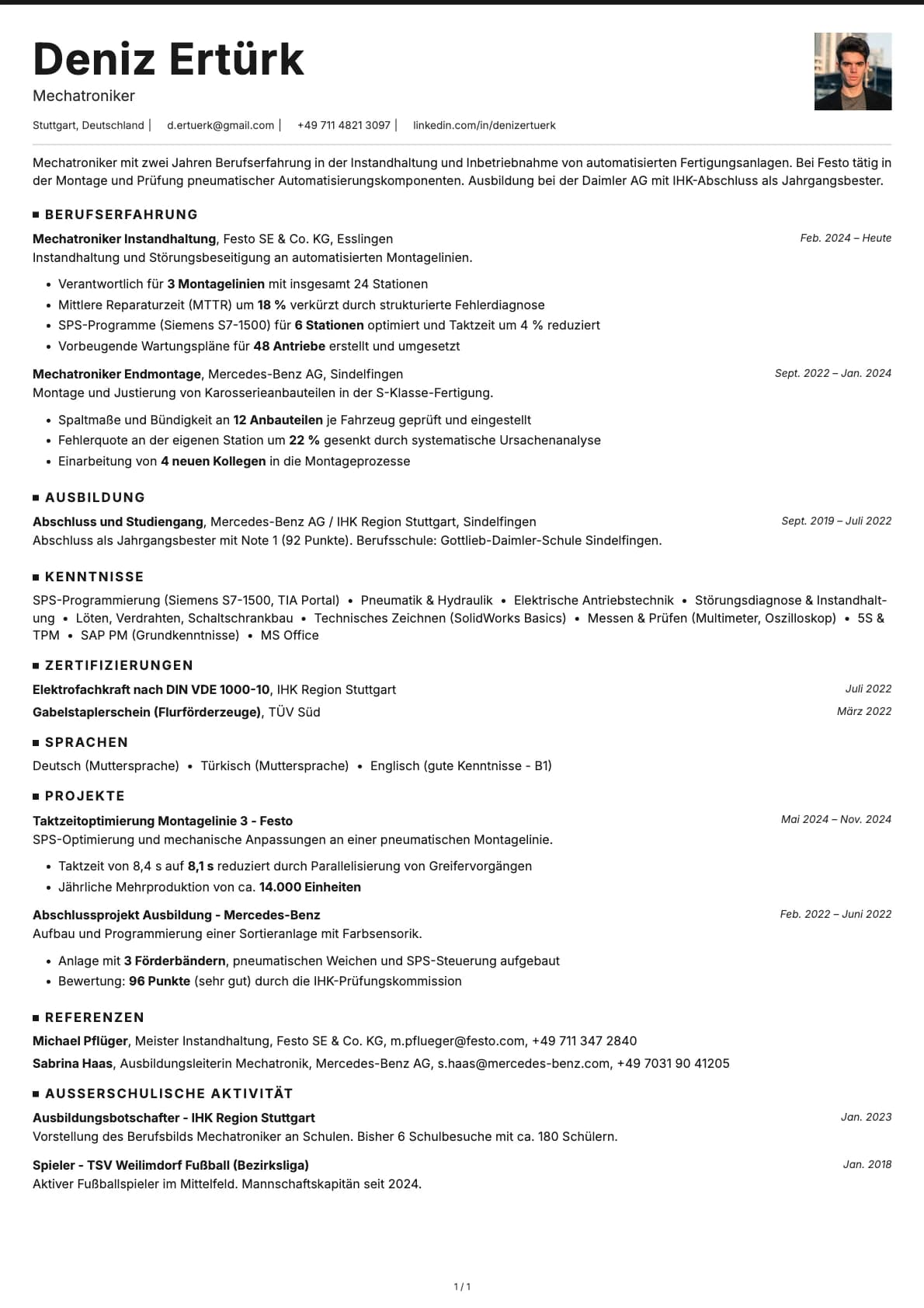 Mechatroniker resume example