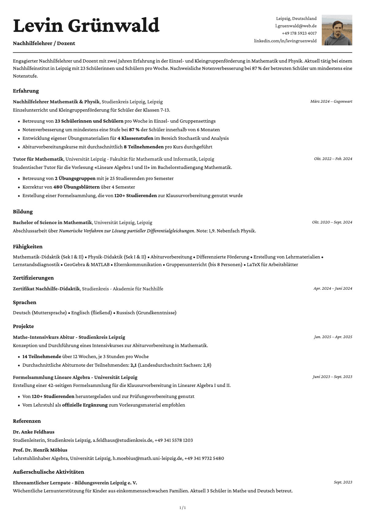 Nachhilfelehrer / Dozent resume example