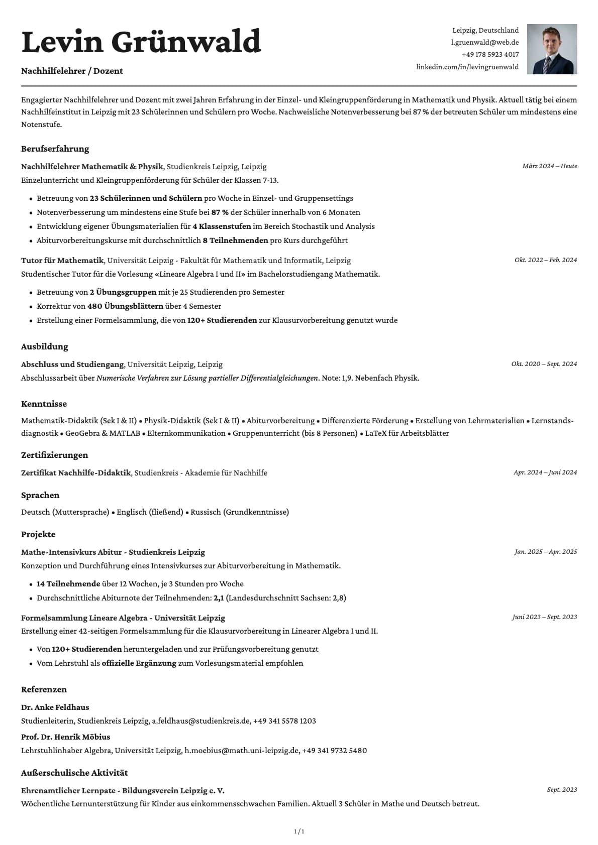 Nachhilfelehrer / Dozent resume example