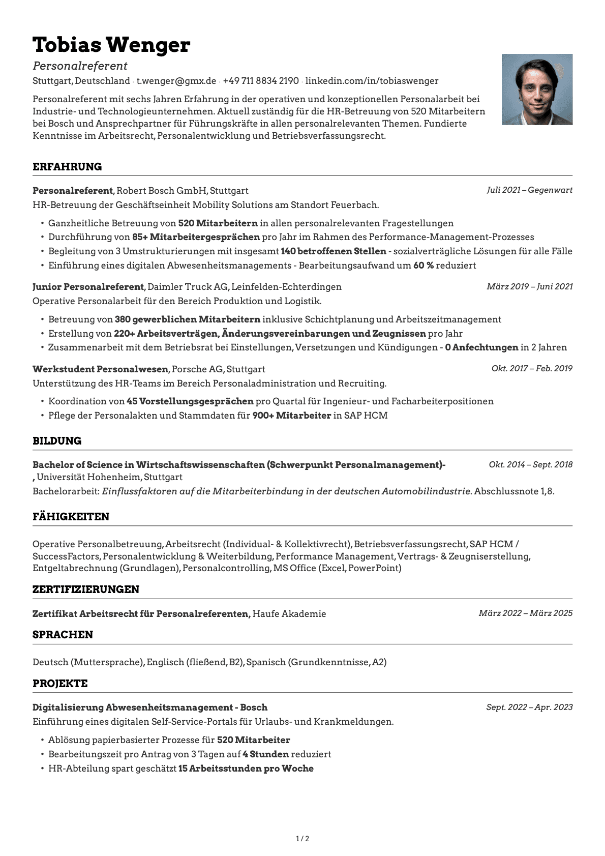 Personalreferent resume example