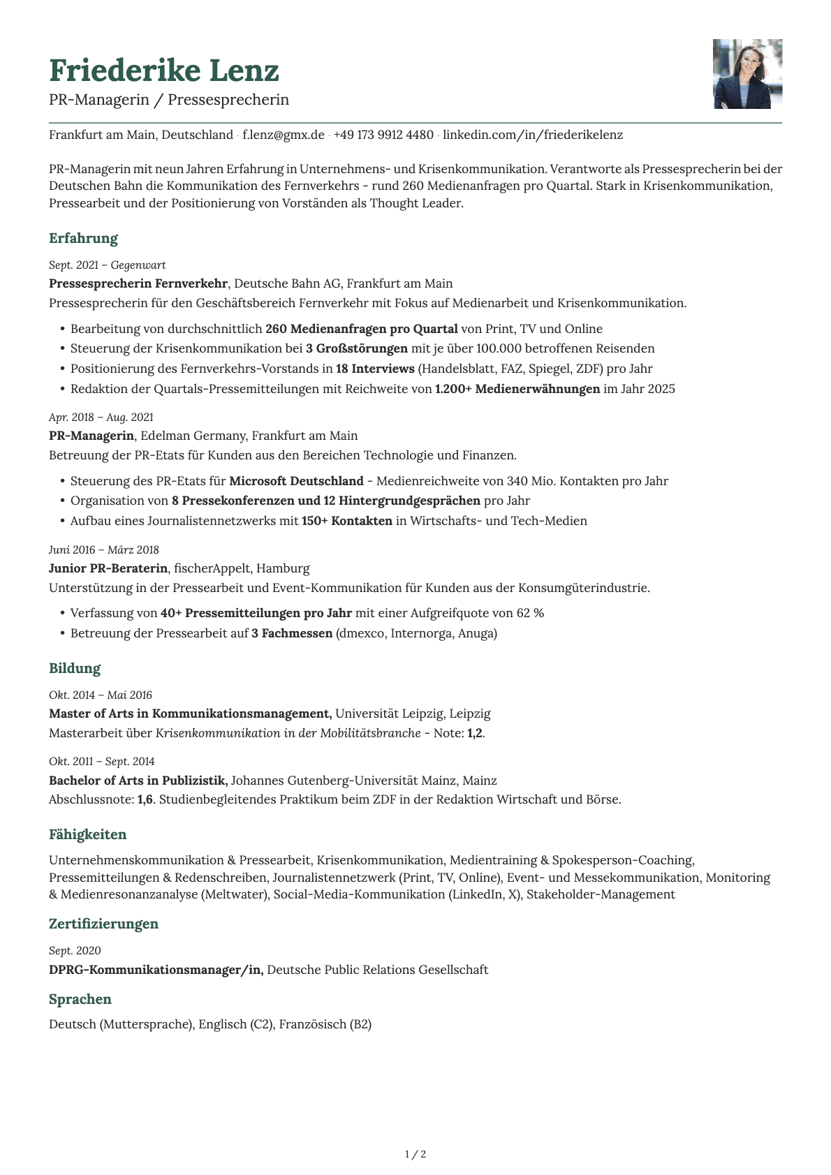 PR-Manager / Pressesprecher resume example