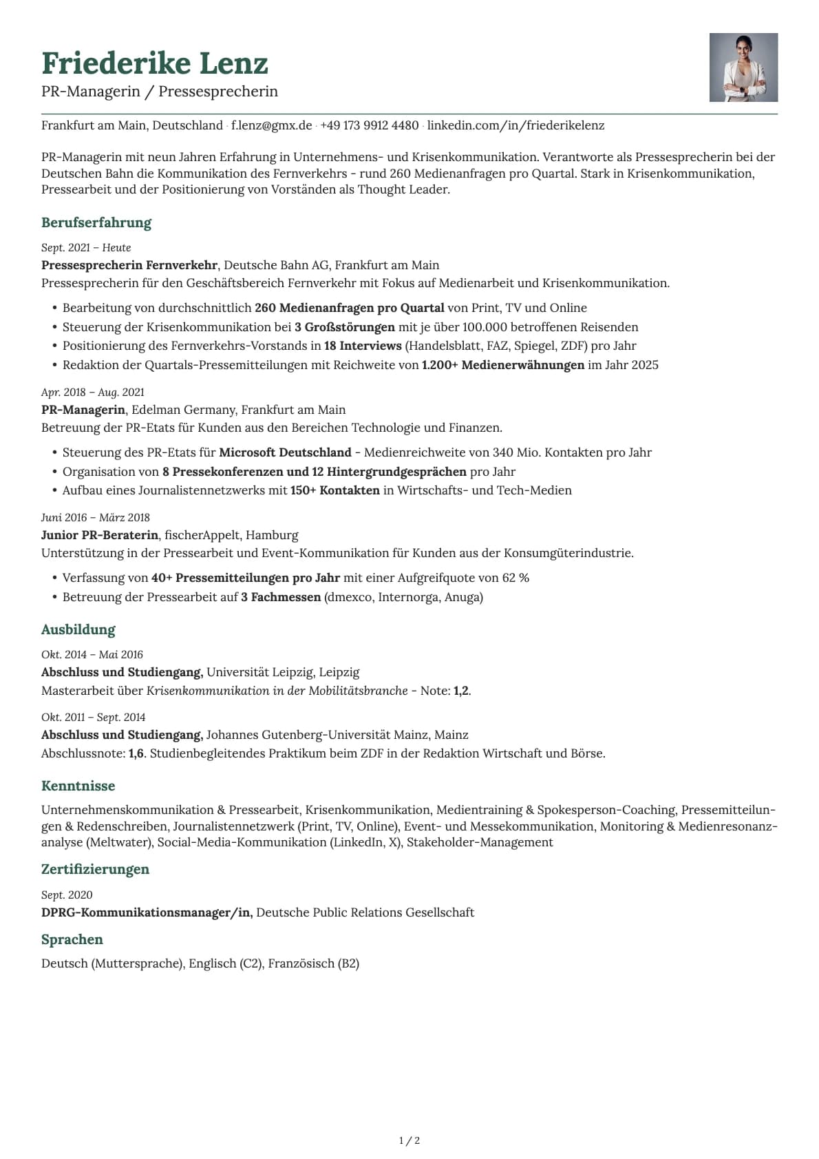 PR-Manager / Pressesprecher resume example