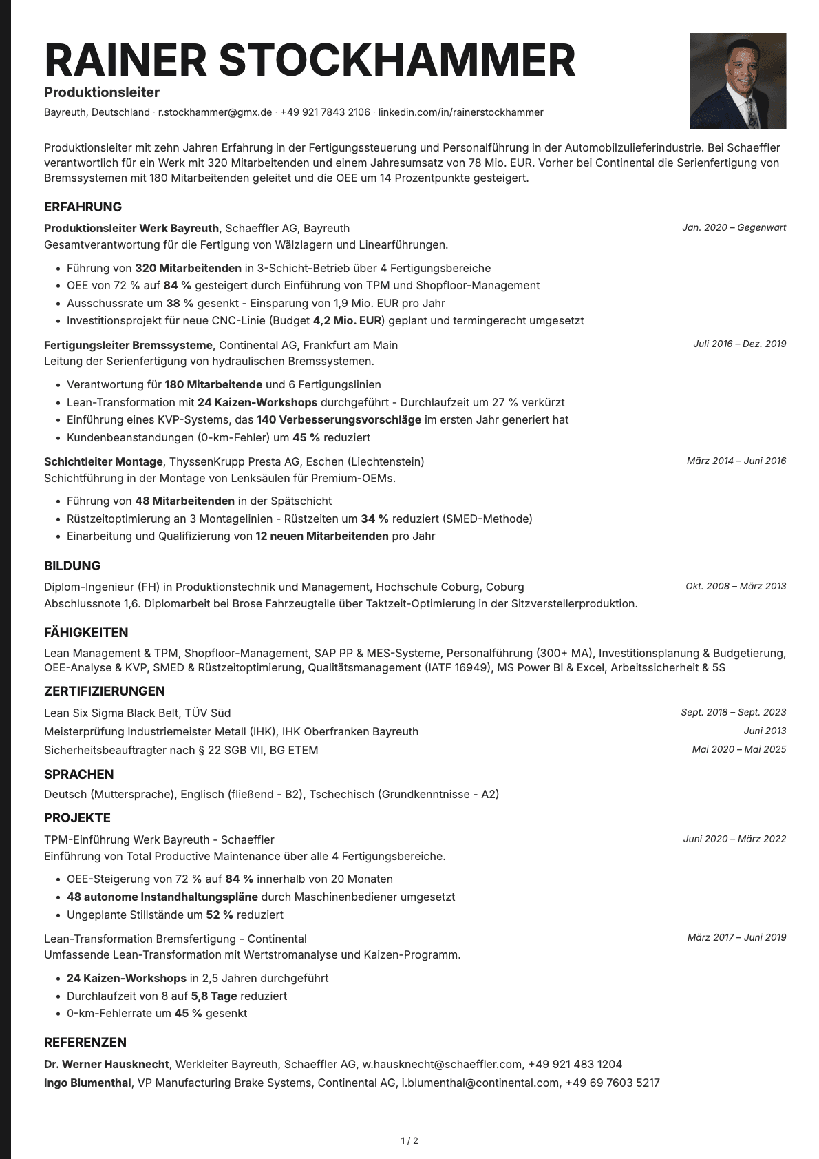 Produktionsleiter resume example