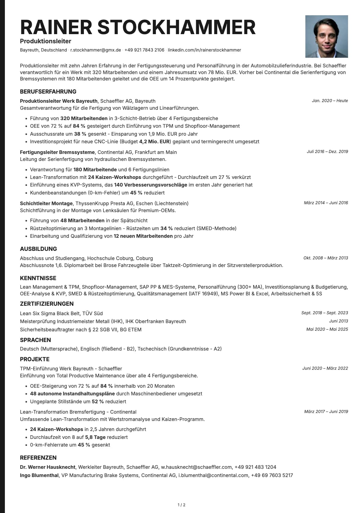 Produktionsleiter resume example