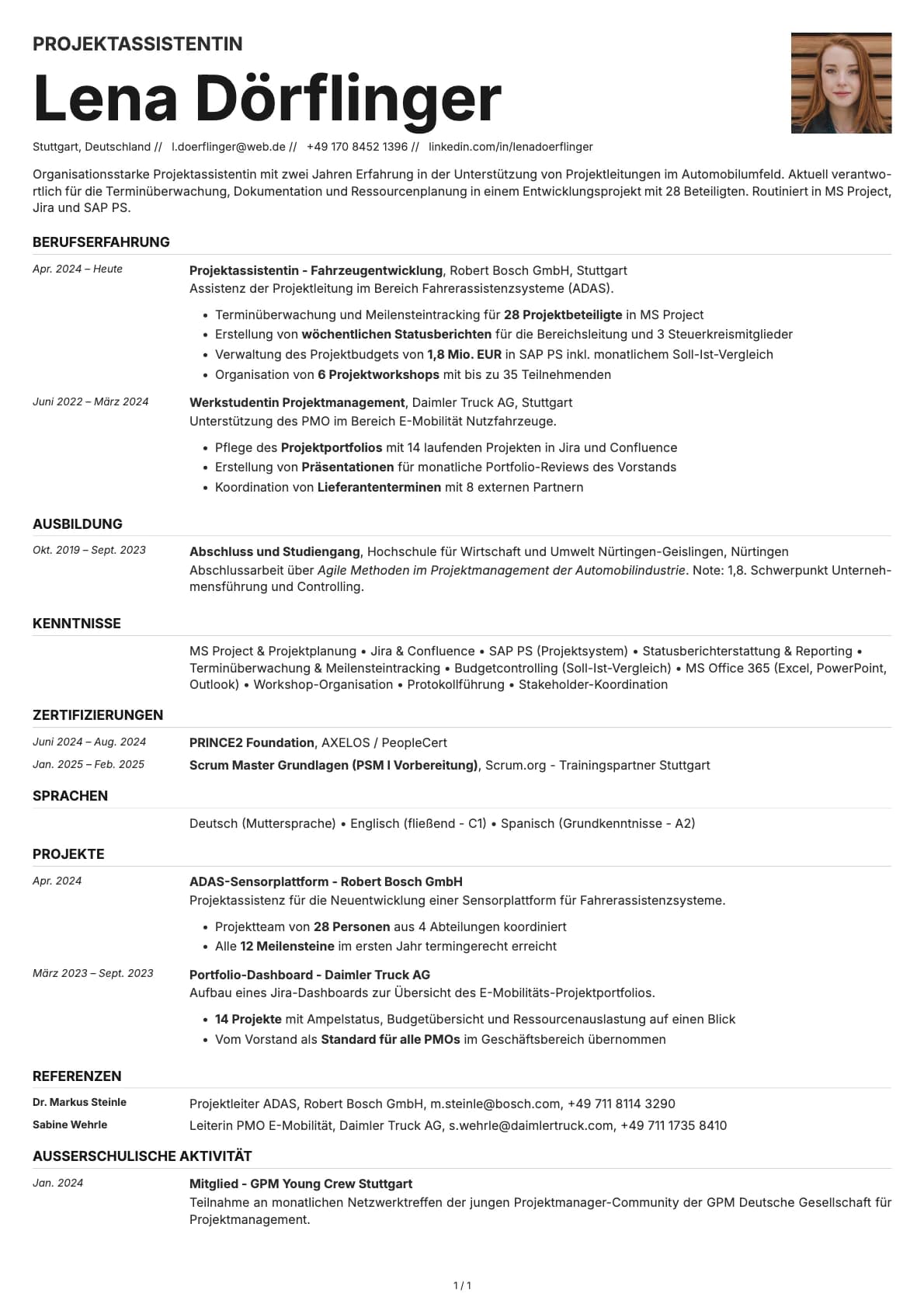 Projektassistent resume example