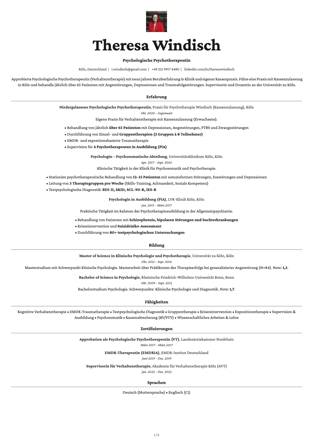 Psychologe resume example