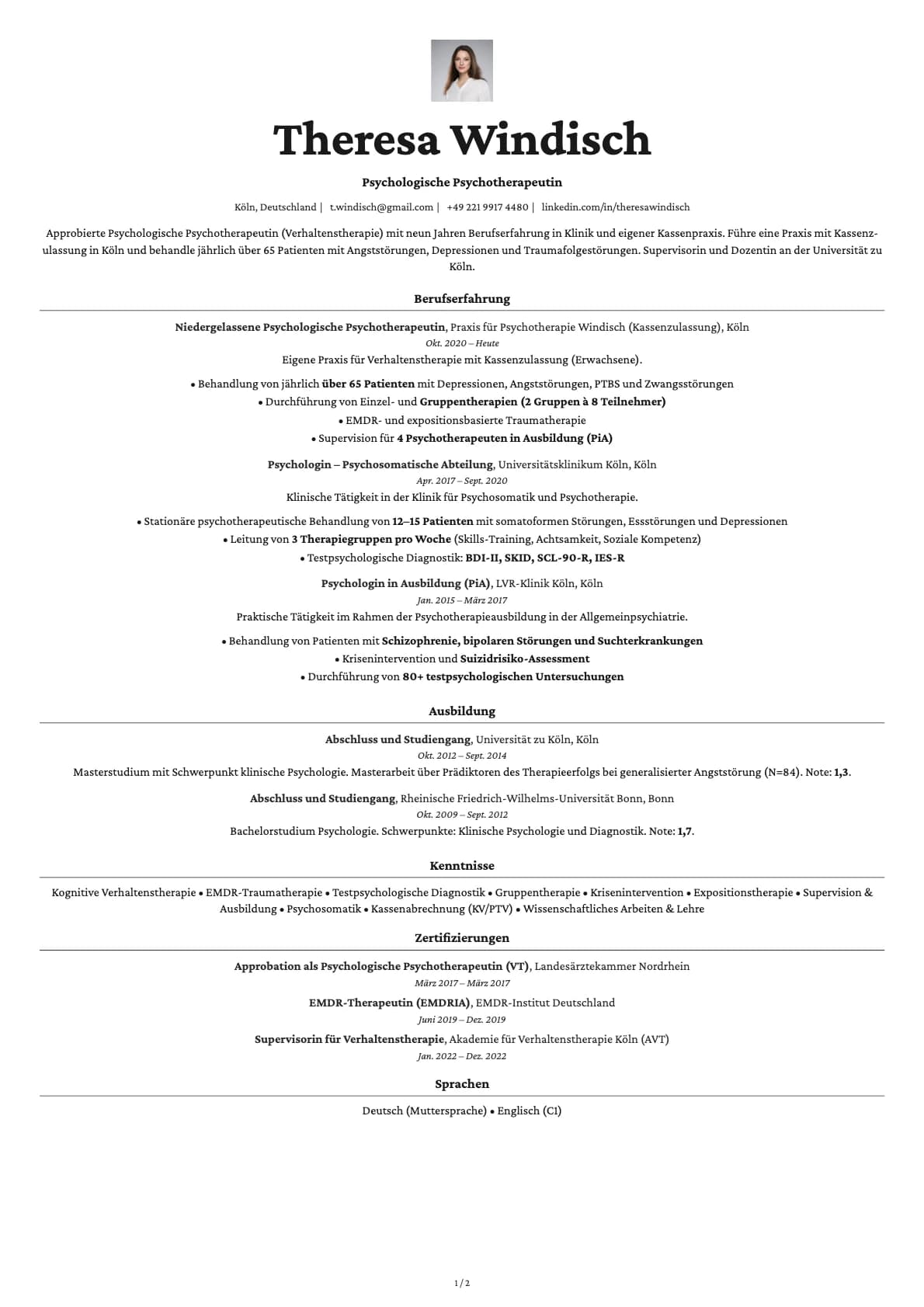 Psychologe resume example